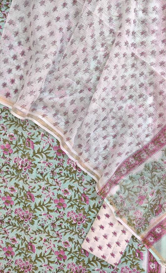 Hand Block Printed Cotton Suit with Cotton Kota Doria dupatta