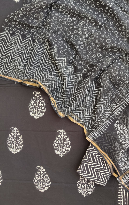 Hand Block Printed Cotton Suit with Cotton Kota Doria dupatta