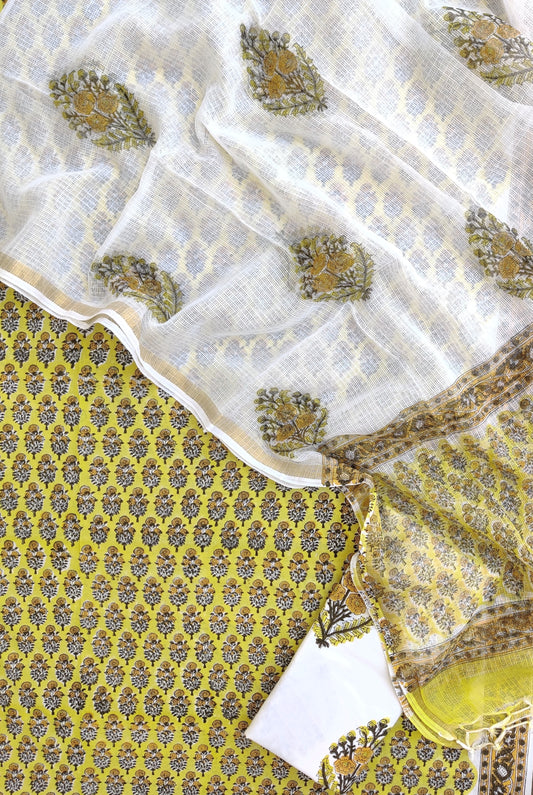 Hand Block Printed Cotton Suit with Cotton Kota Doria dupatta