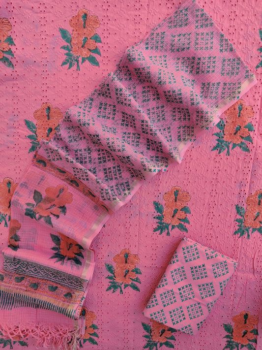 Hand Block Printed Cotton Schiffli Suit with Kota Doria Dupatta