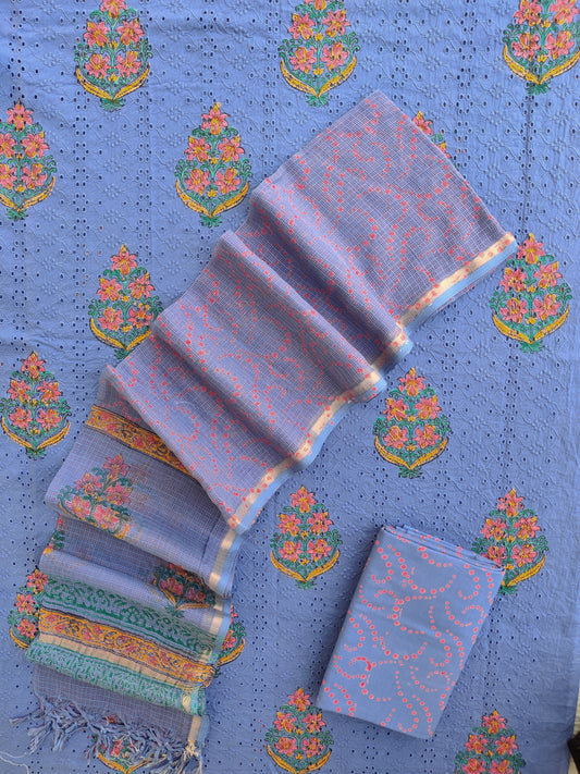 Hand Block Printed Cotton Schiffli Suit with Kota Doria Dupatta