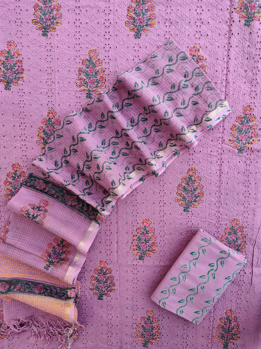 Hand Block Printed Cotton Schiffli Suit with Kota Doria Dupatta