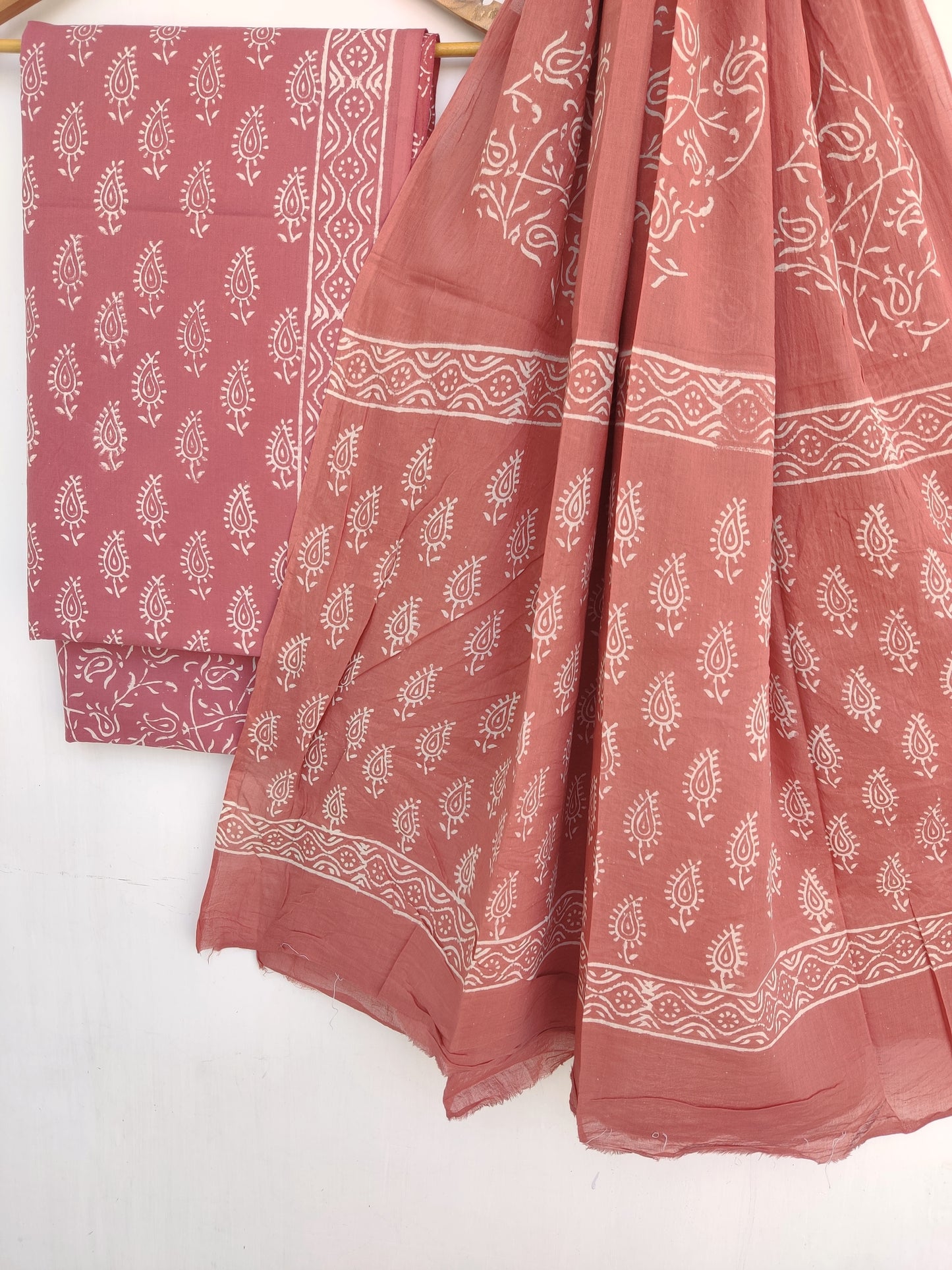 Hand Block Printed Cotton Suit With Mulmul Cotton Dupatta