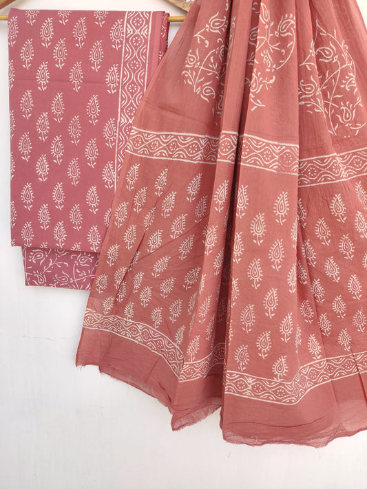 Hand Block Printed Cotton Suit With Mulmul Cotton Dupatta