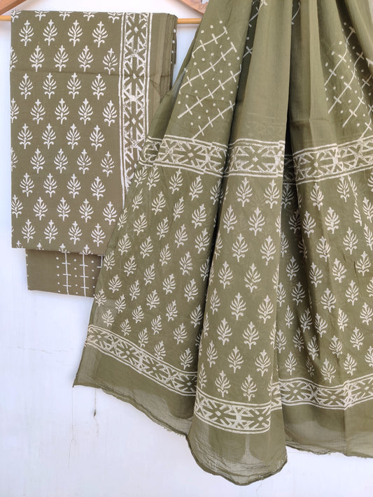 Hand Block Printed Cotton Suit With Mulmul Cotton Dupatta