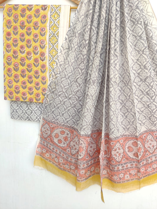Hand Block Printed Cotton Suit With Mulmul Cotton Dupatta