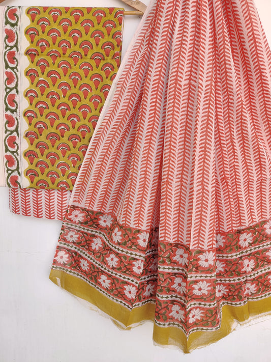 Hand Block Printed Cotton Suit With Mulmul Cotton Dupatta