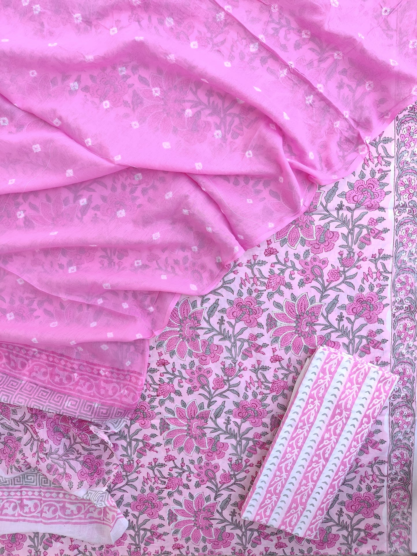 Hand Block Printed Cotton Suits with Mulmul Bandhej Dupatta