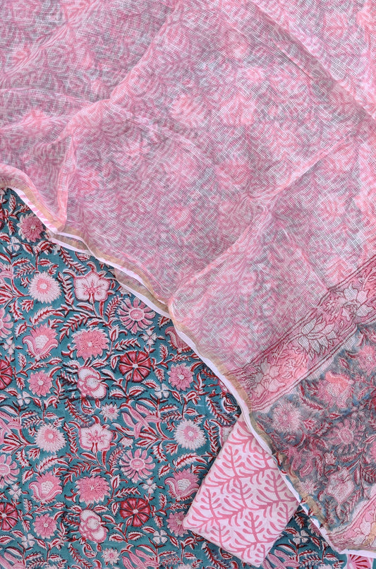 Hand Block Printed Cotton Suit with Cotton Kota Doria dupatta