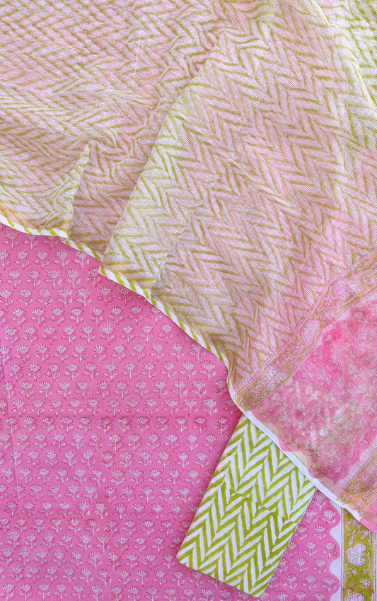 Hand Block Printed Cotton Suit with Cotton Kota Doria dupatta