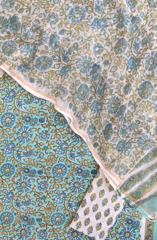 Hand Block Printed Cotton Suit with Cotton Kota Doria dupatta