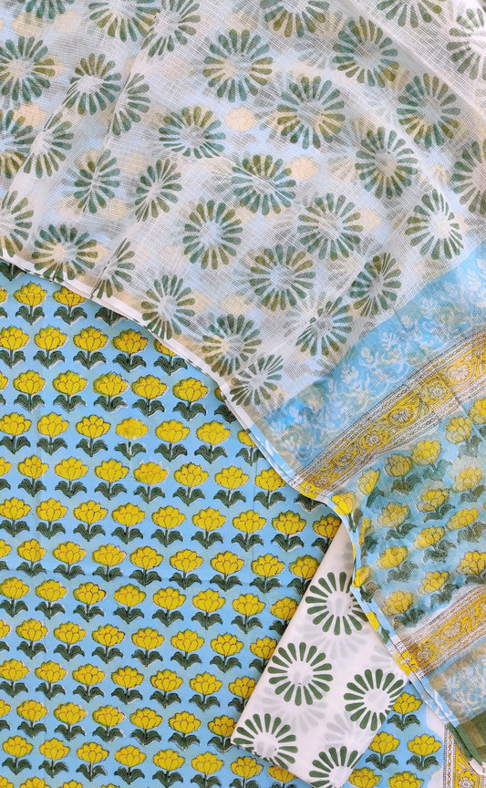 Hand Block Printed Cotton Suit with Cotton Kota Doria dupatta