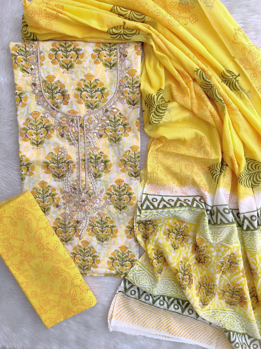 FLORAL PRINTED COTTON GOTA PATTI SUIT WITH COTTON DUPATTA