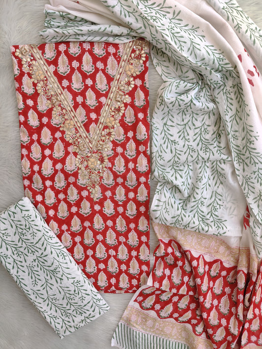FLORAL PRINTED COTTON GOTA PATTI SUIT WITH COTTON DUPATTA