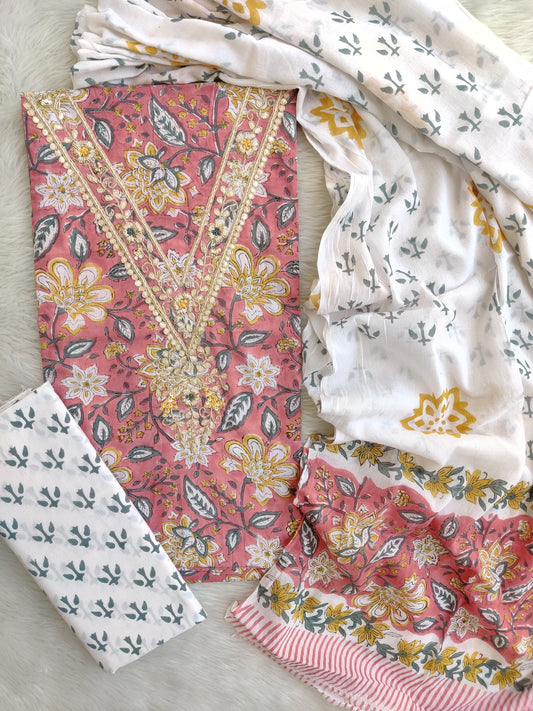 FLORAL PRINTED COTTON GOTA PATTI SUIT WITH COTTON DUPATTA