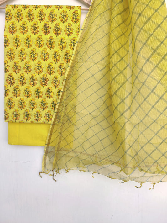 BLOCK PRINTED COTTON SUIT WITH LEHRIYA KOTA DORIA DUPATTA