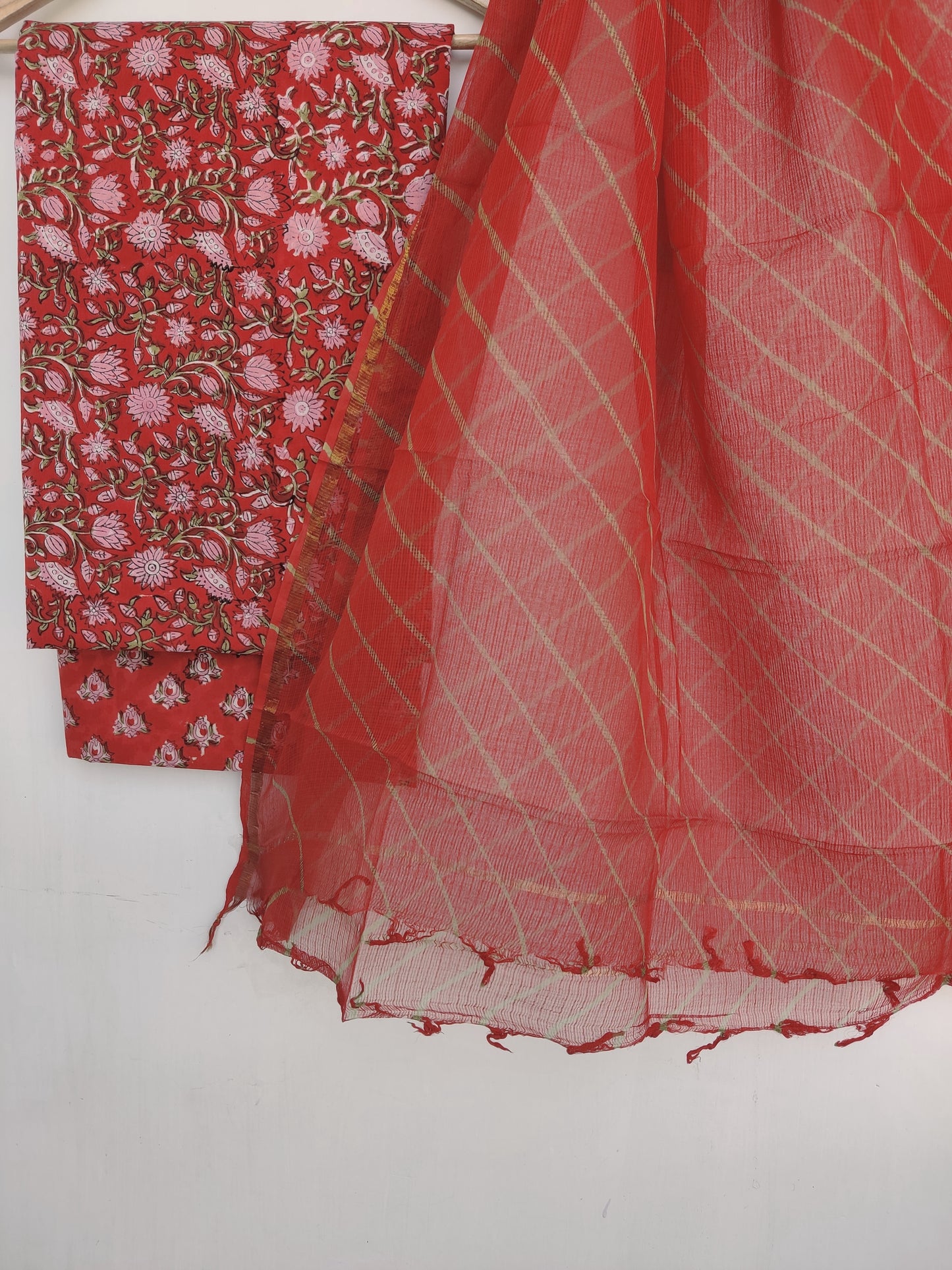 BLOCK PRINTED COTTON SUIT WITH LEHRIYA KOTA DORIA DUPATTA