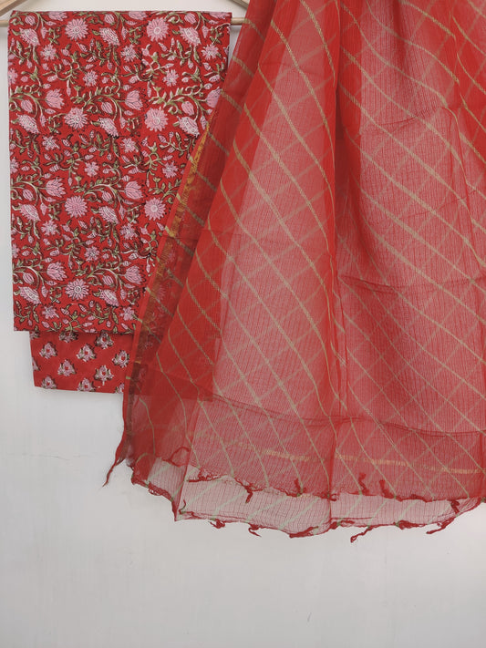 BLOCK PRINTED COTTON SUIT WITH LEHRIYA KOTA DORIA DUPATTA