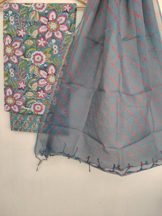 BLOCK PRINTED COTTON SUIT WITH LEHRIYA KOTA DORIA DUPATTA
