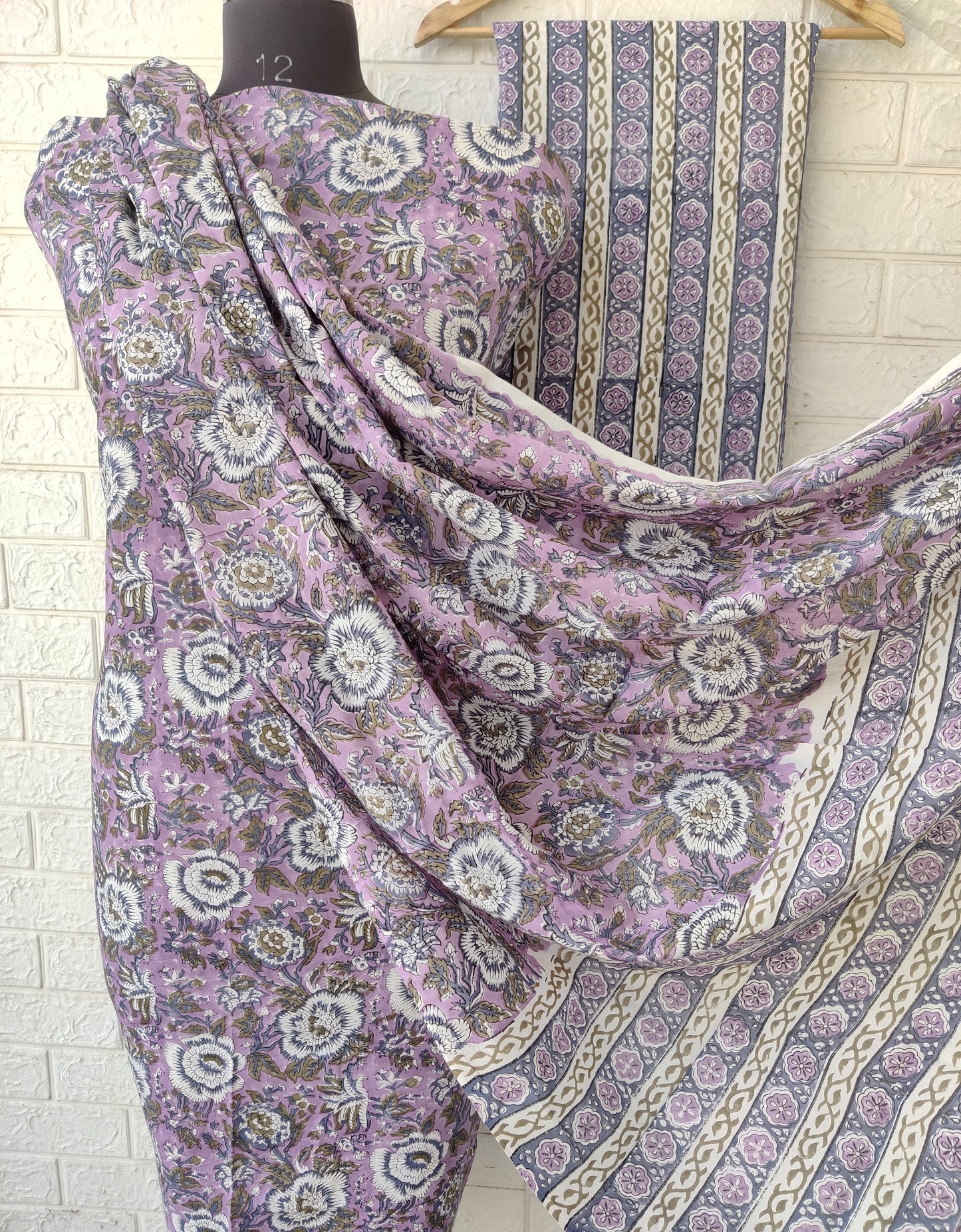 Hand Block Printed Cotton Suit With Mulmul Cotton Dupatta