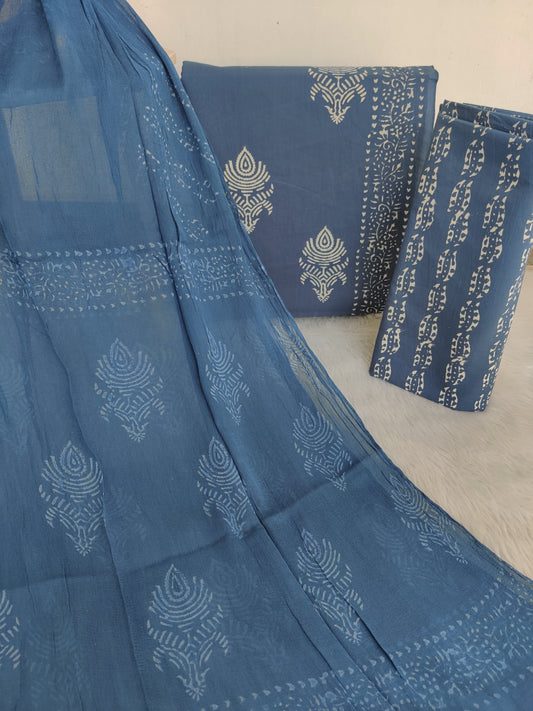 HAND BLOCK PRINTED COTTON SUIT WITH PURE CHIFFON DUPATTA