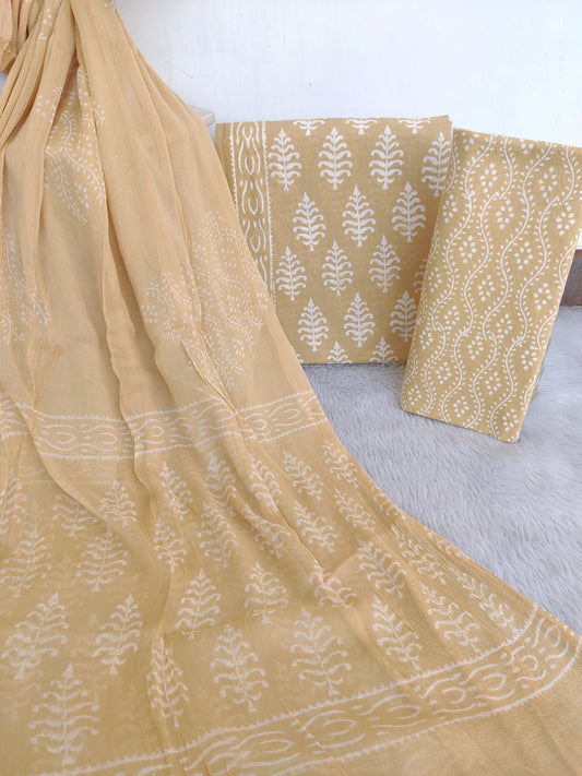 HAND BLOCK PRINTED COTTON SUIT WITH PURE CHIFFON DUPATTA