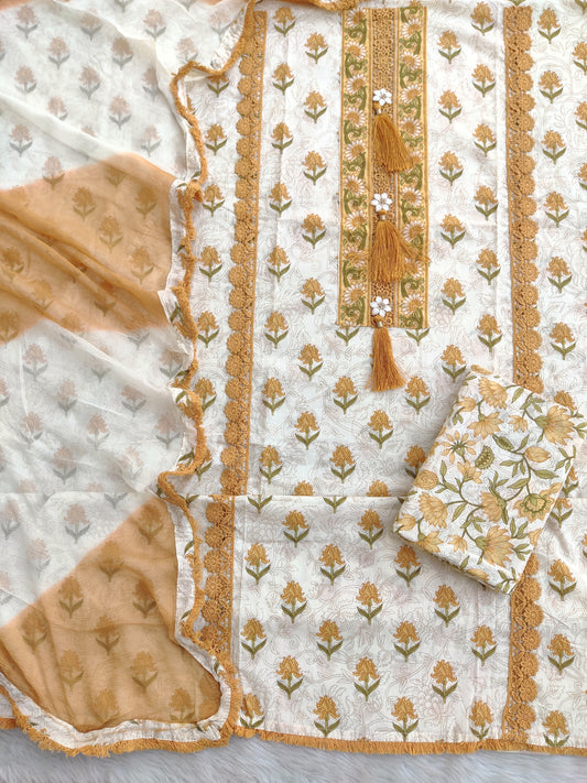 Exclusive Unstitched Cotton Neck Work Suits with Chiffon Dupatta