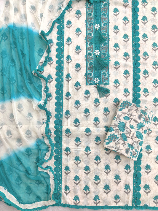 Exclusive Unstitched Cotton Neck Work Suits with Chiffon Dupatta