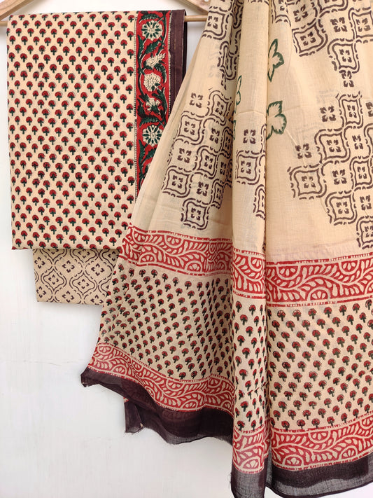 KALAMKARI Cotton Block Printed Cotton Suit with mulmul cotton Dupatta