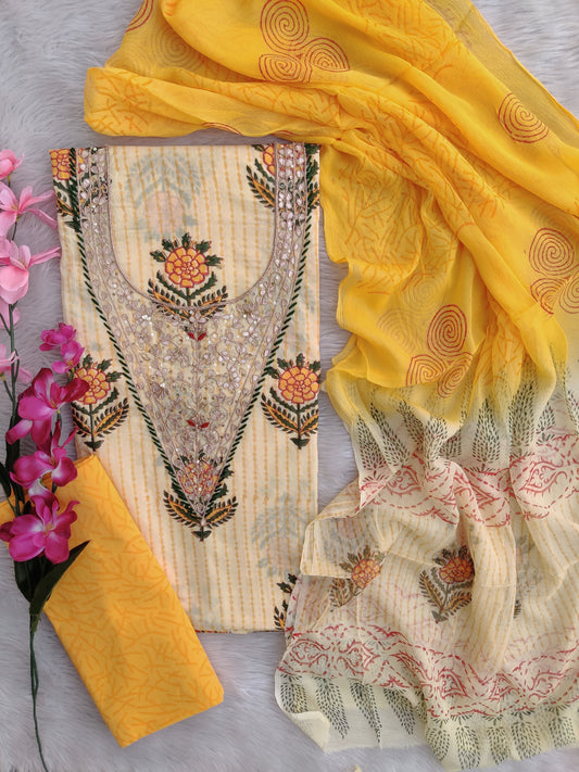 FLORAL PRINTED COTTON GOTA PATTI SUIT WITH CHIFFON DUPATTA