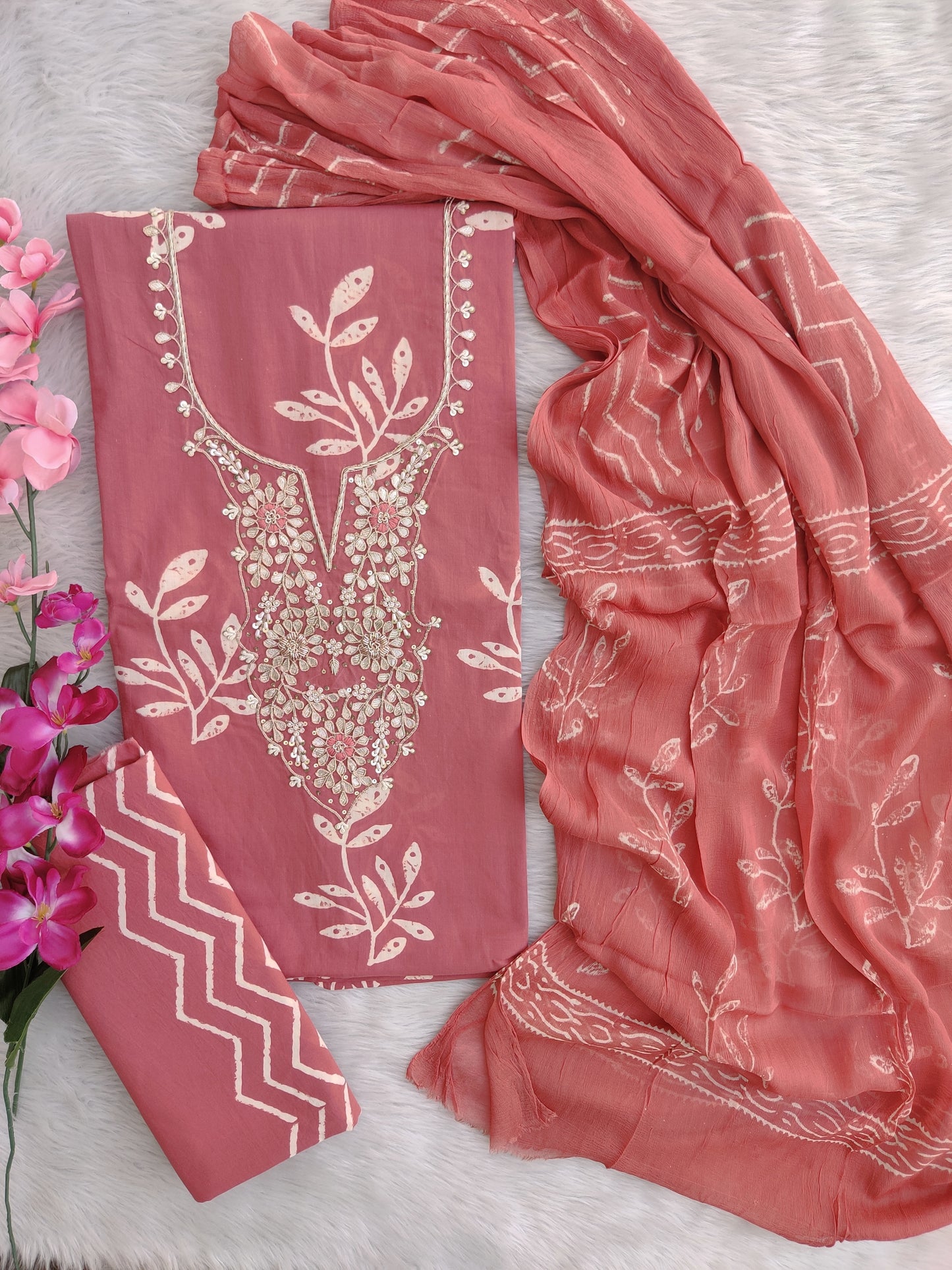 FLORAL PRINTED COTTON GOTA PATTI SUIT WITH CHIFFON DUPATTA