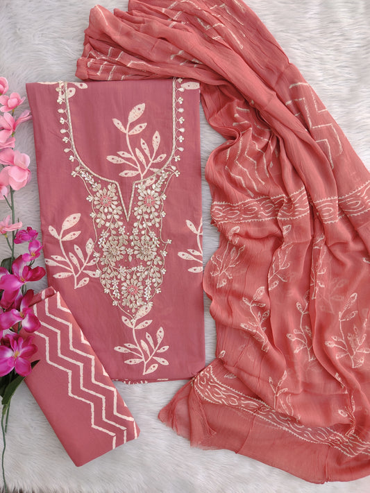 FLORAL PRINTED COTTON GOTA PATTI SUIT WITH CHIFFON DUPATTA