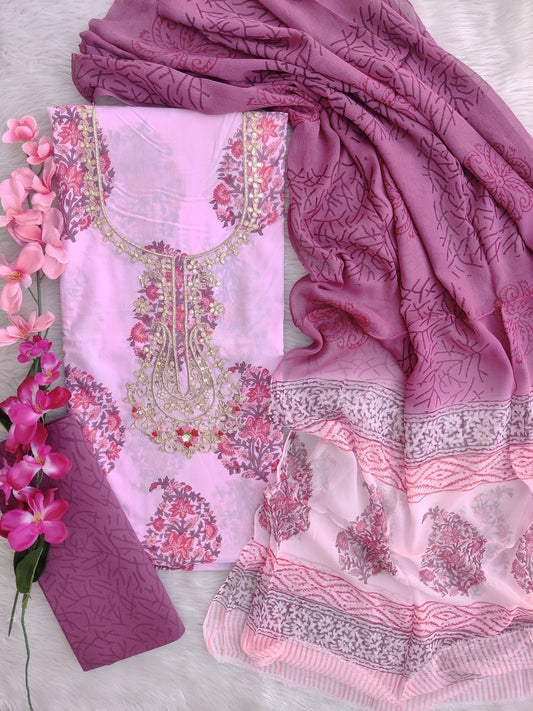 FLORAL PRINTED COTTON GOTA PATTI SUIT WITH CHIFFON DUPATTA