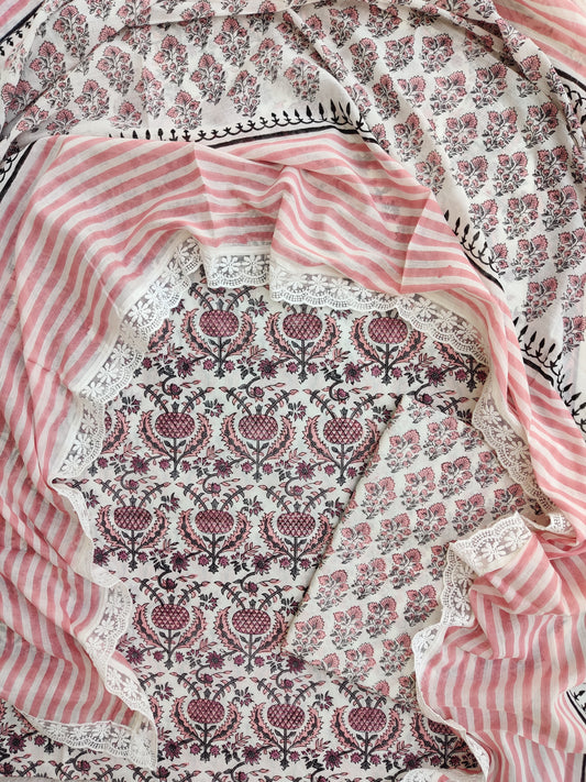 Hand Block Printed Cotton Suit With Lace Work Mulmul Dupatta