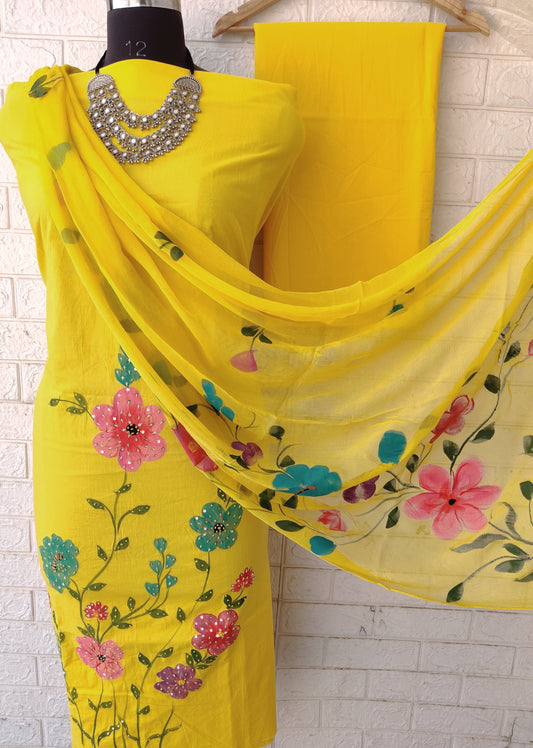 Exclusive Unstitched Cotton Work Suits with Chiffon Dupatta