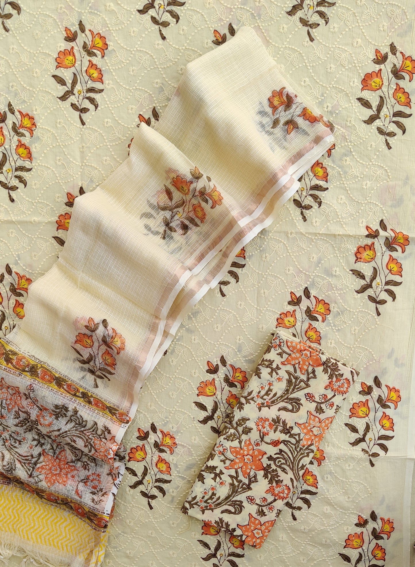 Hand Block Printed Cotton Schiffli Suit with Kota Doria Dupatta