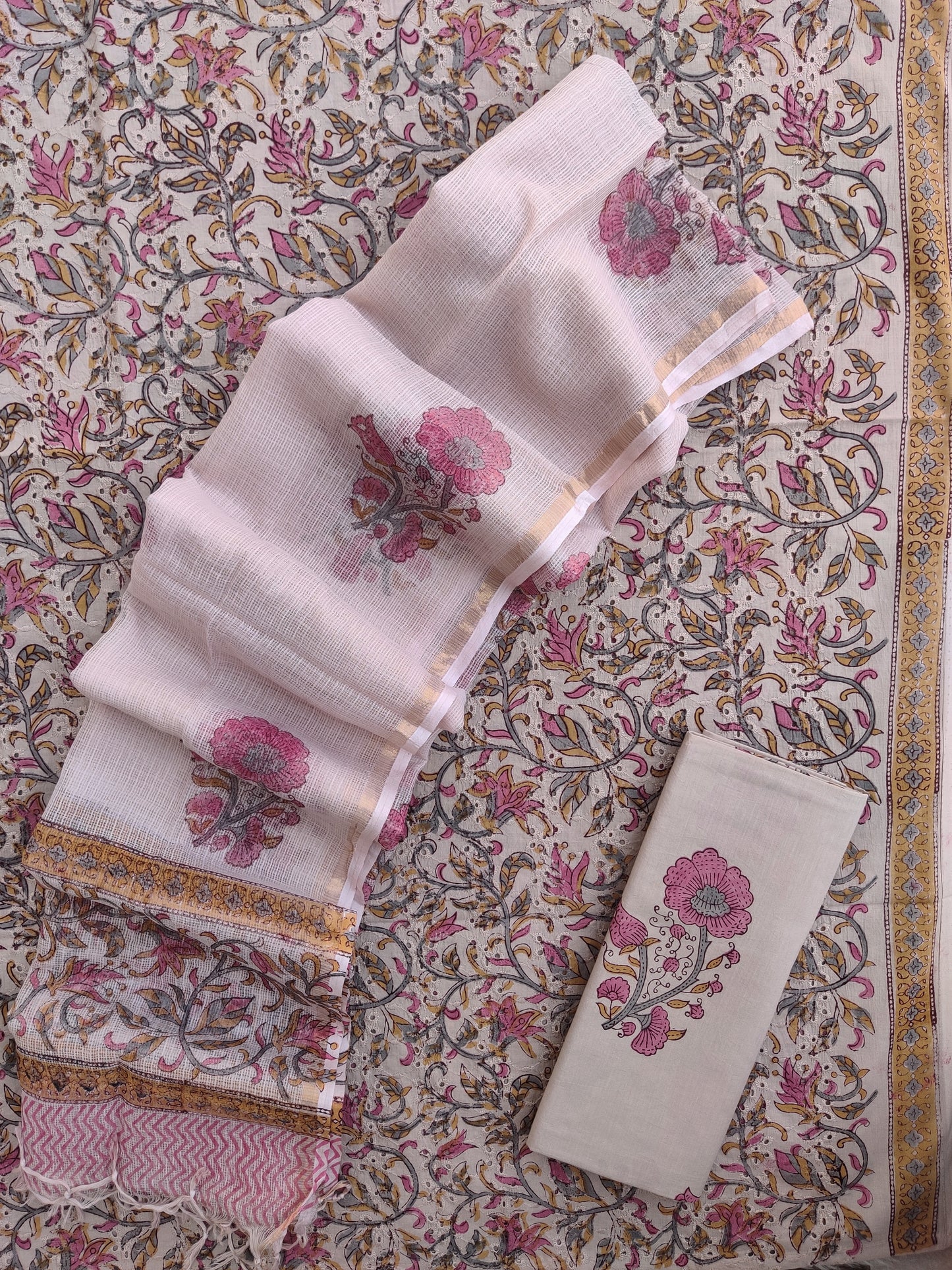 Hand Block Printed Cotton Schiffli Suit with Kota Doria Dupatta