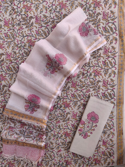 Hand Block Printed Cotton Schiffli Suit with Kota Doria Dupatta