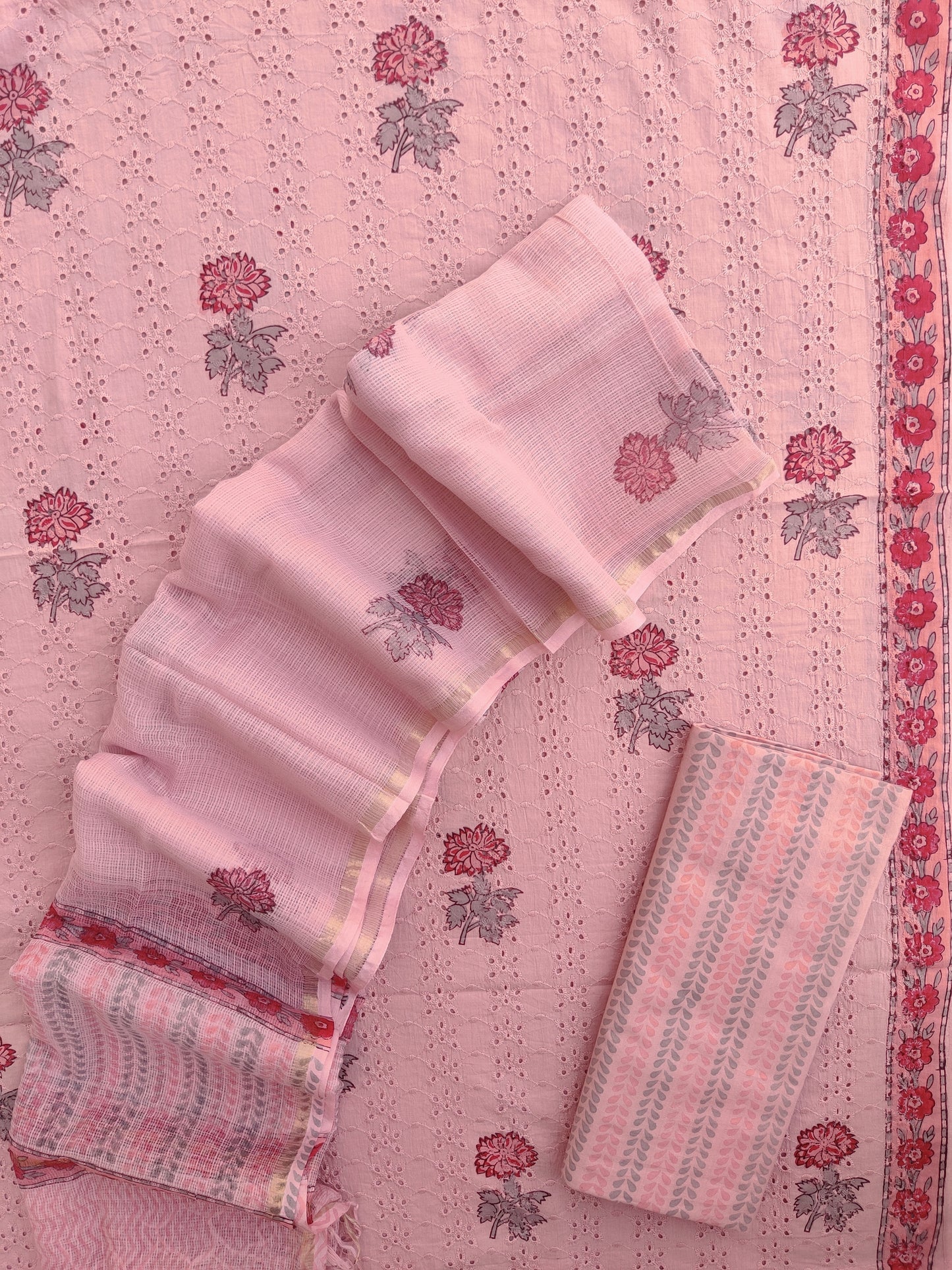 Hand Block Printed Cotton Schiffli Suit with Kota Doria Dupatta