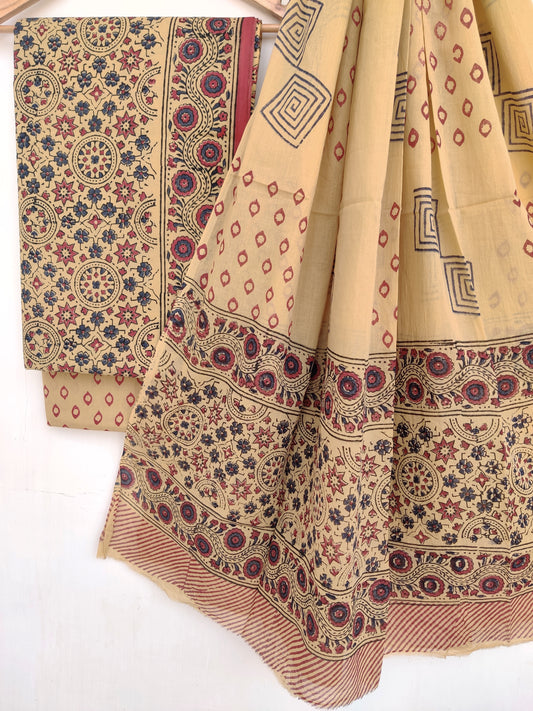 AJRAKH Hand Block Printed Cotton Suit With Mulmul Cotton Dupatta