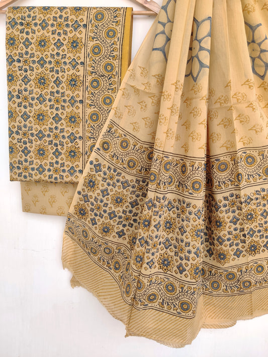 AJRAKH Hand Block Printed Cotton Suit With Mulmul Cotton Dupatta