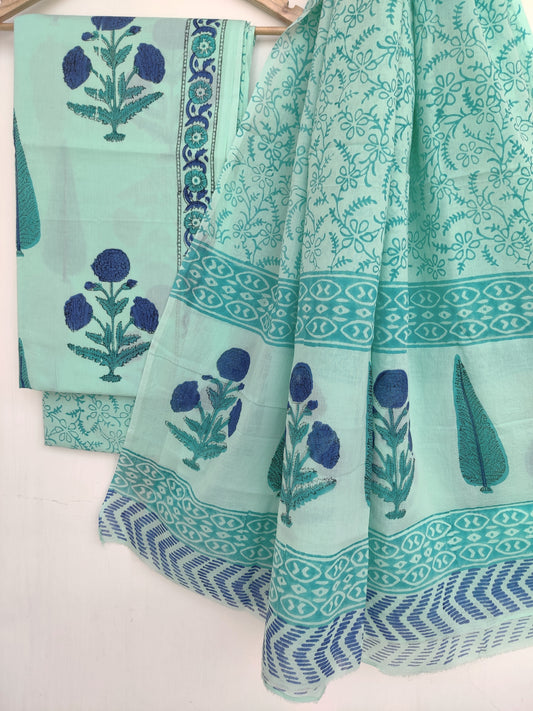 Hand Block Printed Cotton Suit With Mulmul Cotton Dupatta