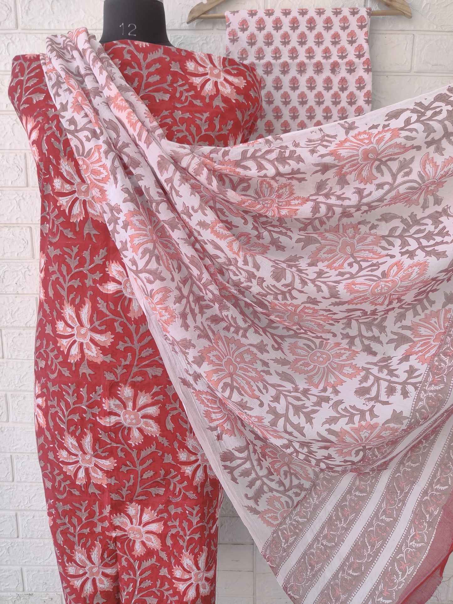 Hand Block Printed Cotton Suit With Mulmul Cotton Dupatta