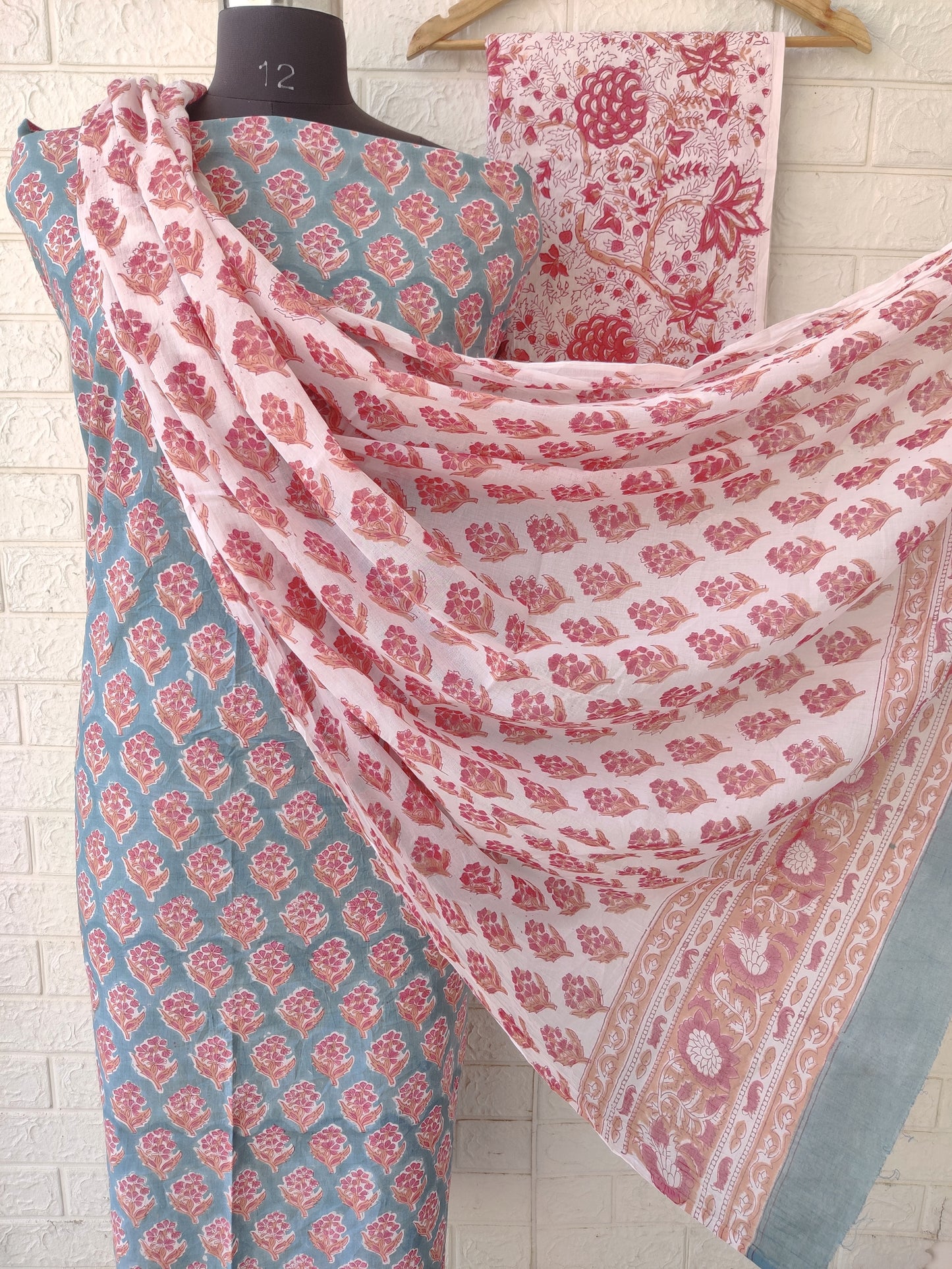 Hand Block Printed Cotton Suit With Mulmul Cotton Dupatta