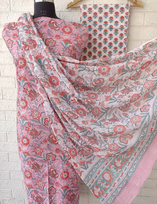 Hand Block Printed Cotton Suit With Mulmul Cotton Dupatta