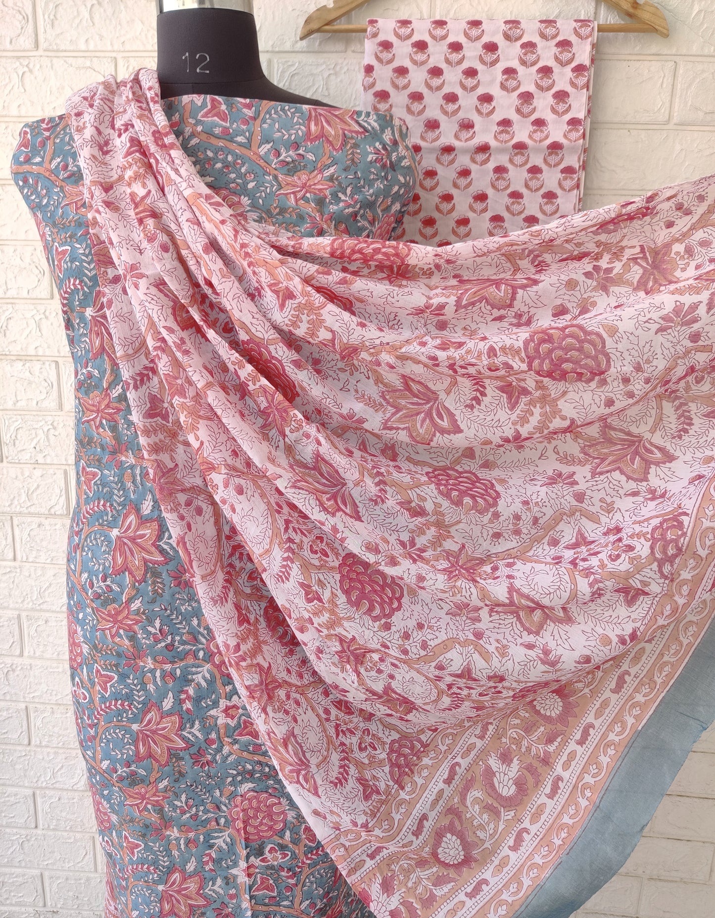 Hand Block Printed Cotton Suit With Mulmul Cotton Dupatta