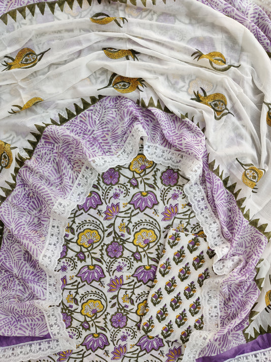 Hand Block Printed Cotton Suit With Lace Work Mulmul Dupatta