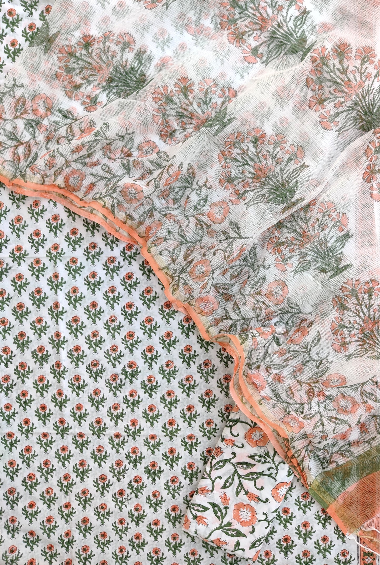 ORANGE BOOTI Hand Block Printed Cotton Suit with Cotton Kota Doria dupatta