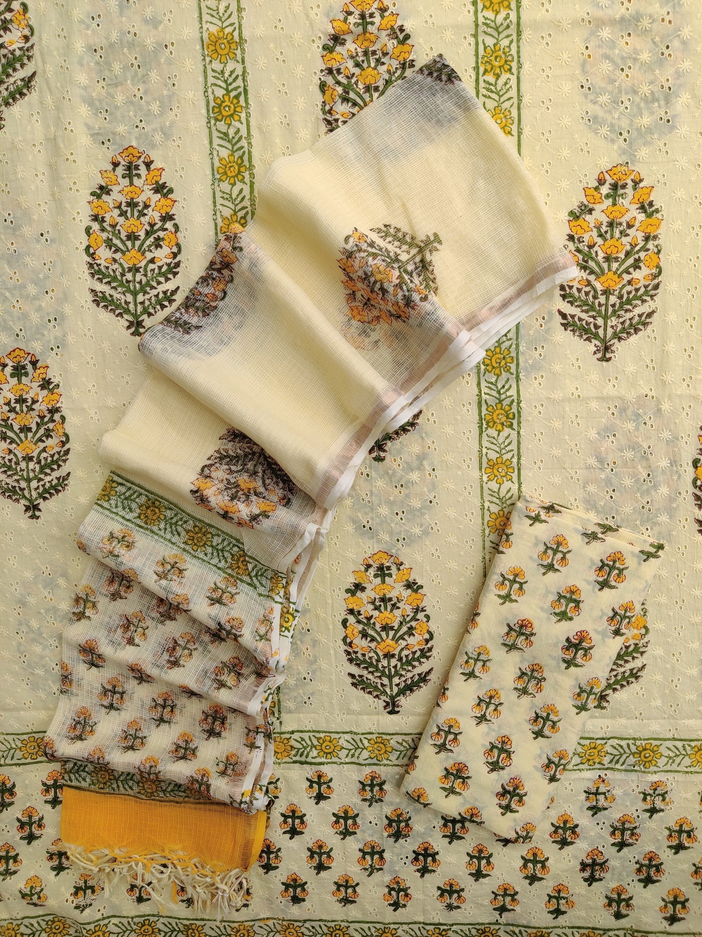 Hand Block Printed Cotton Schiffli Suit with Kota Doria Dupatta