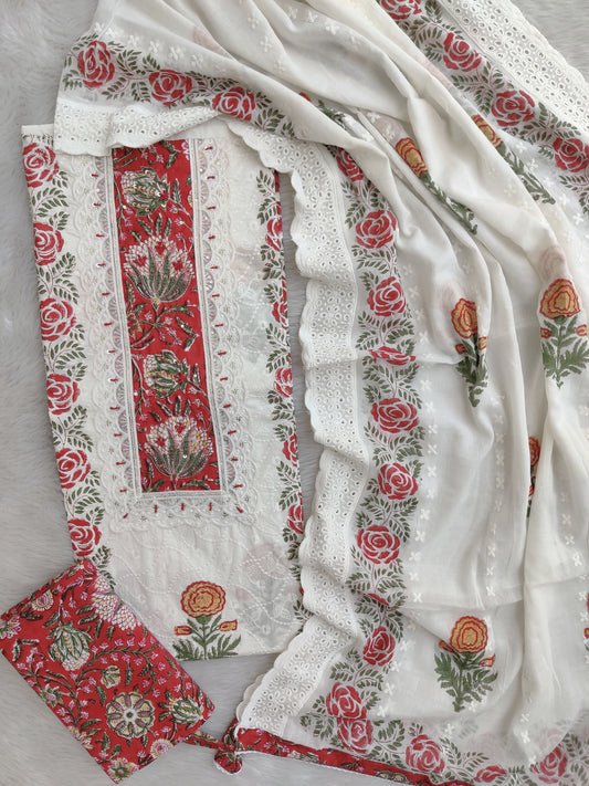 Exclusive Unstitched Cotton Suit with Mulmul Embroidery Dupatta